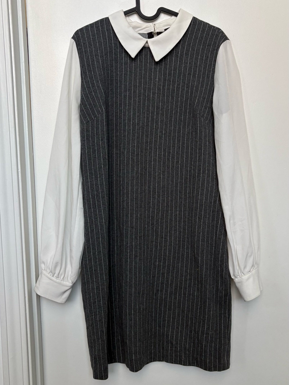Karl Lagerfeld Classic Pinstripe Shift Dress with White Collar and Sleeves